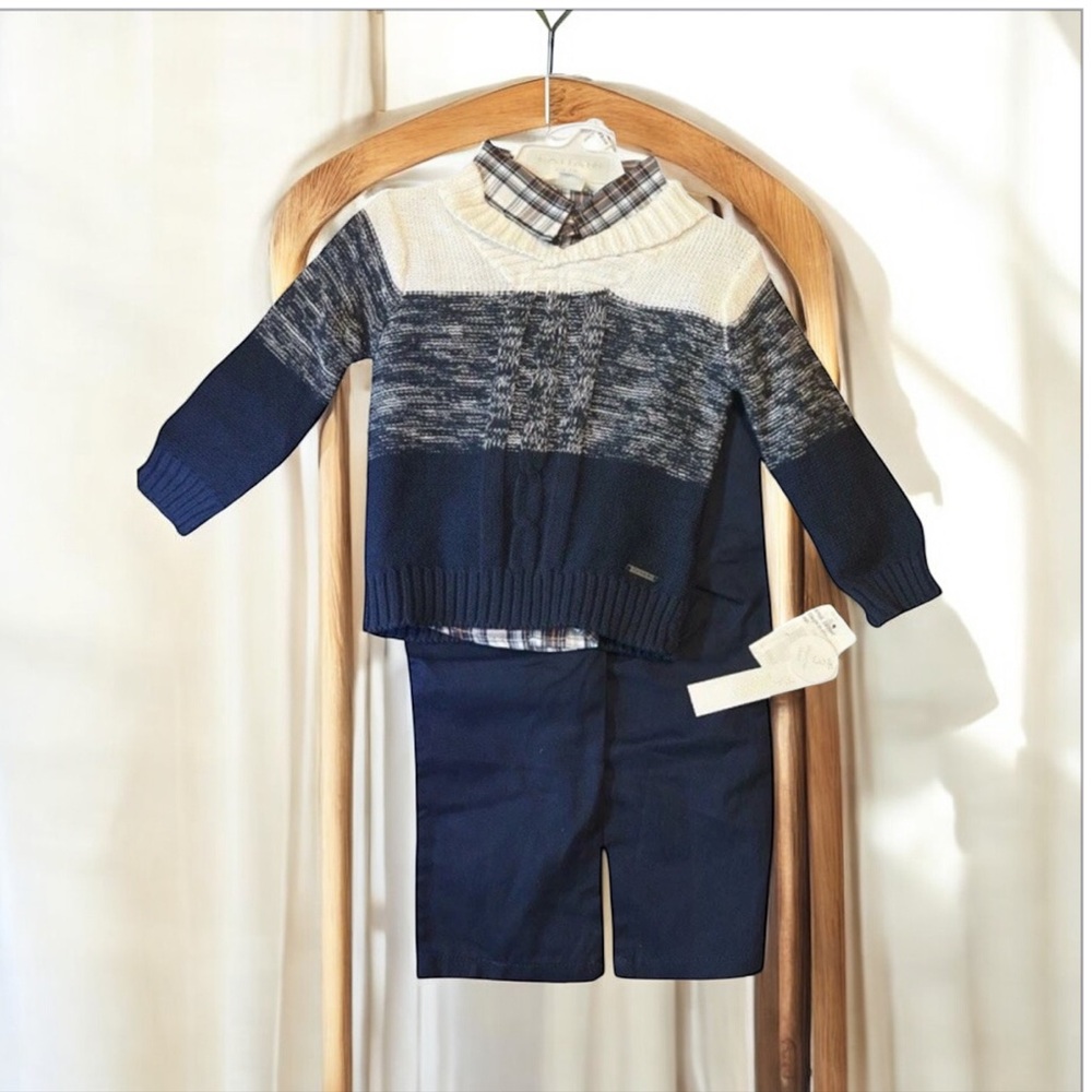 Tahari Baby Boy 3-Piece Outfit Set 12-18M Navy Sweater Shirt Pants‎ NWT